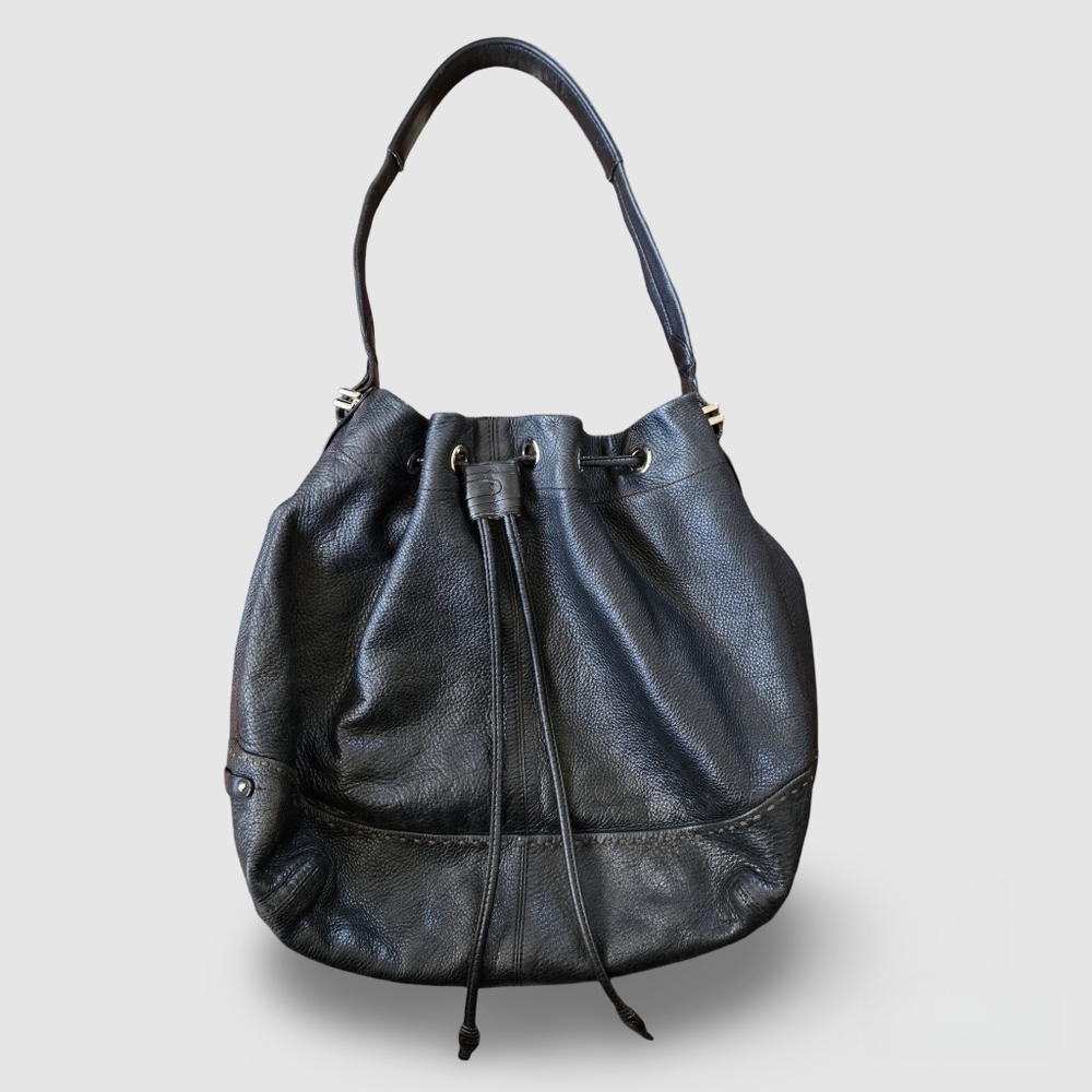 Cole Haan Black Pebbled Leather Drawstring Hobo Bag